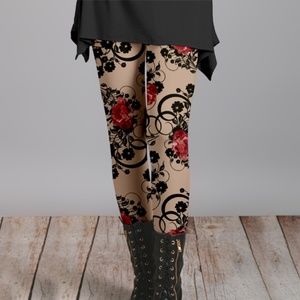 Beige & Black Rose Scroll Leggings